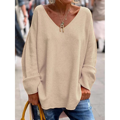 Oversized V-Neck Knit Pullover – Batwing Long Sleeve Side Slit Top