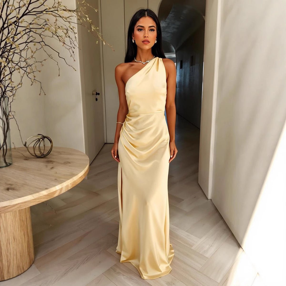 Satin One-Shoulder Maxi Dress – Ruched Side Slit Formal Gown