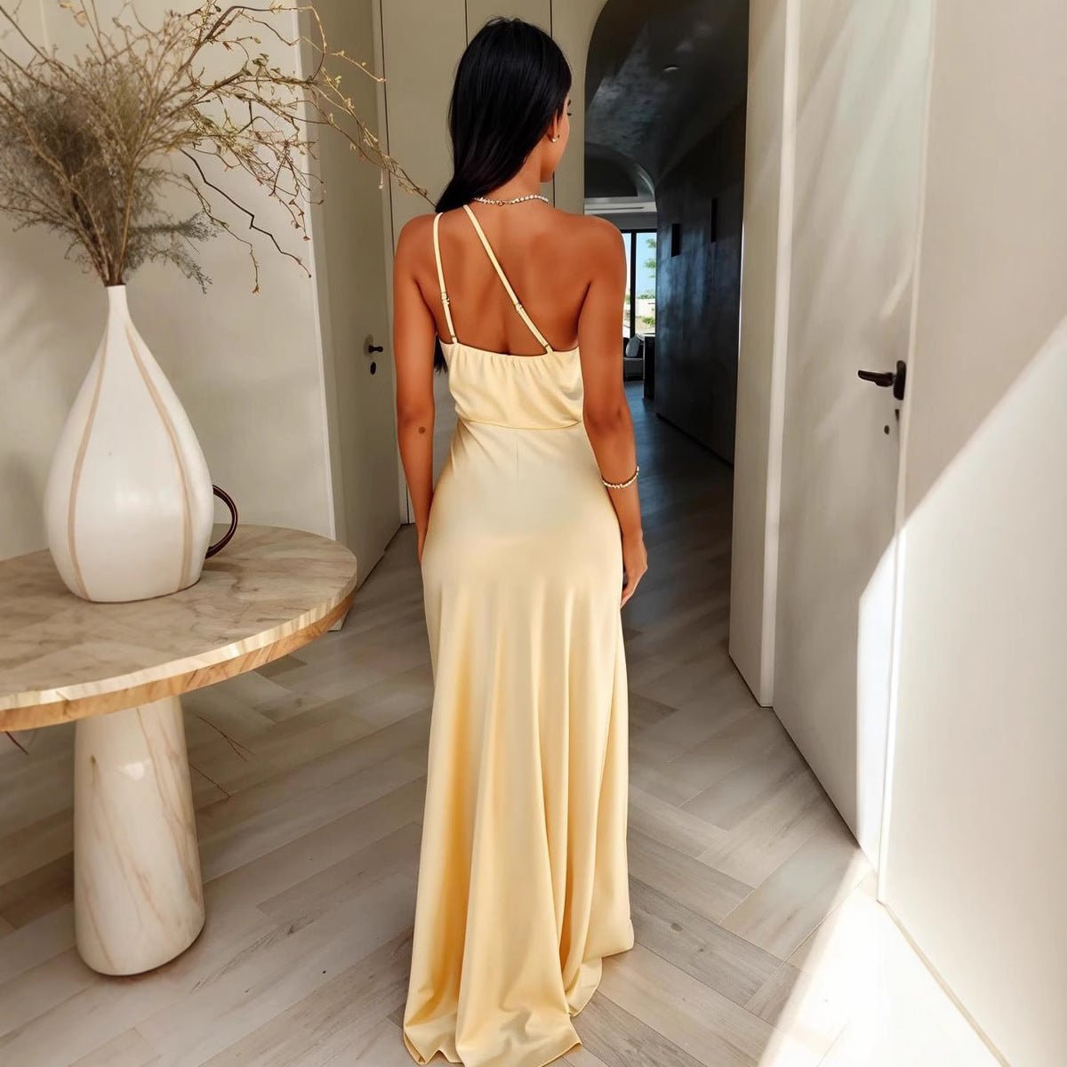 Satin One-Shoulder Maxi Dress – Ruched Side Slit Formal Gown