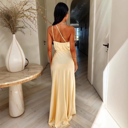 Satin One-Shoulder Maxi Dress – Ruched Side Slit Formal Gown