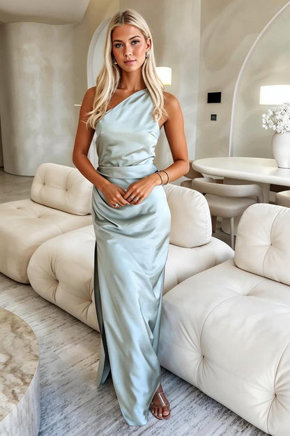 Satin One-Shoulder Maxi Dress – Ruched Side Slit Formal Gown