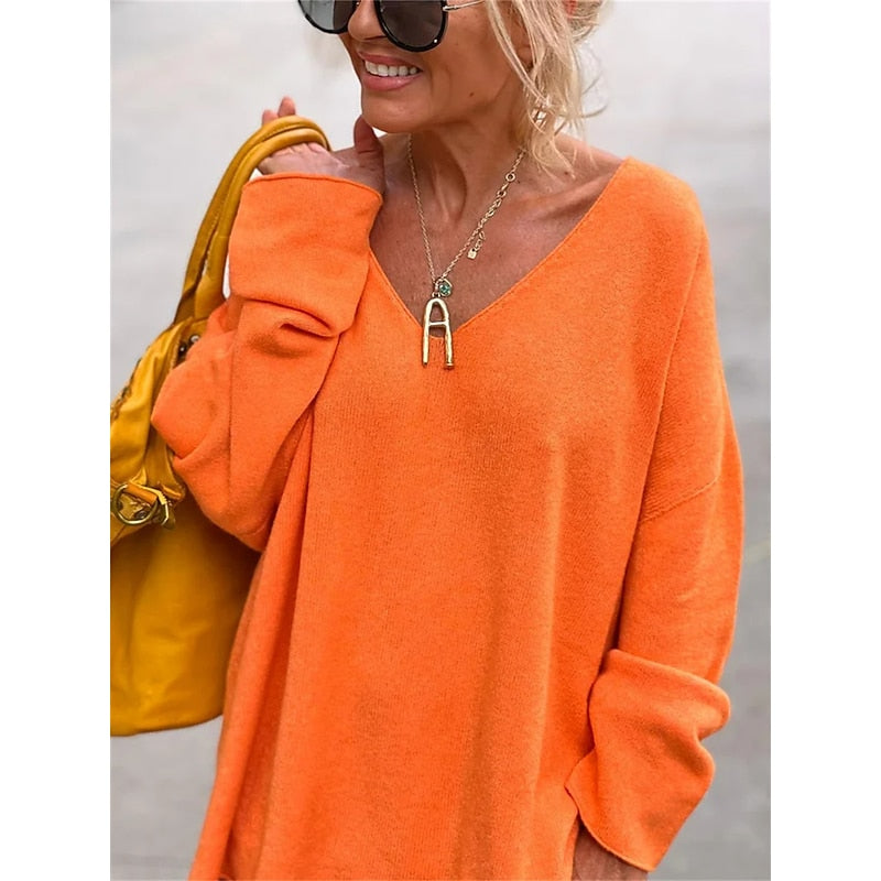 Oversized V-Neck Knit Pullover – Batwing Long Sleeve Side Slit Top