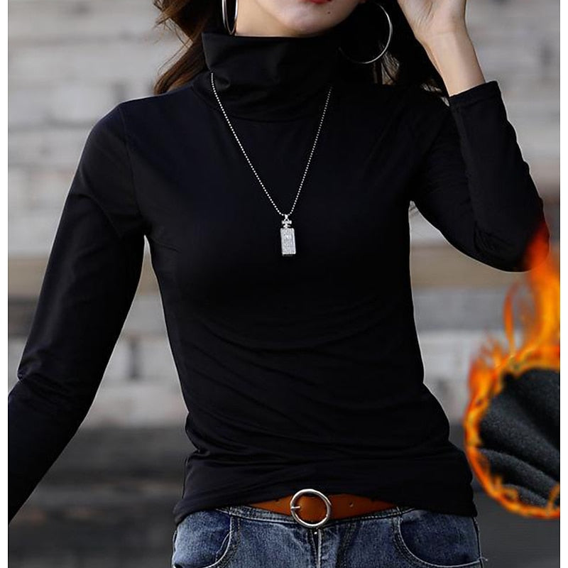 Fleece-Lined Turtleneck Top – Slim Fit Long Sleeve Winter Layer