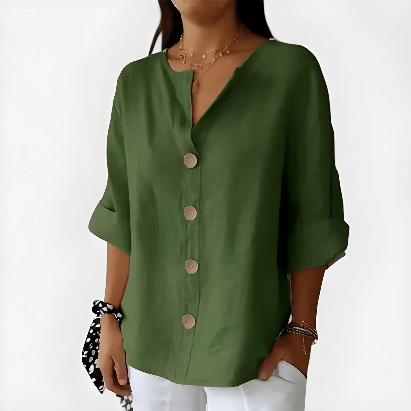 Women's V-Neck Button-Down Blouse – Loose Fit 3/4 Sleeve Summer Top