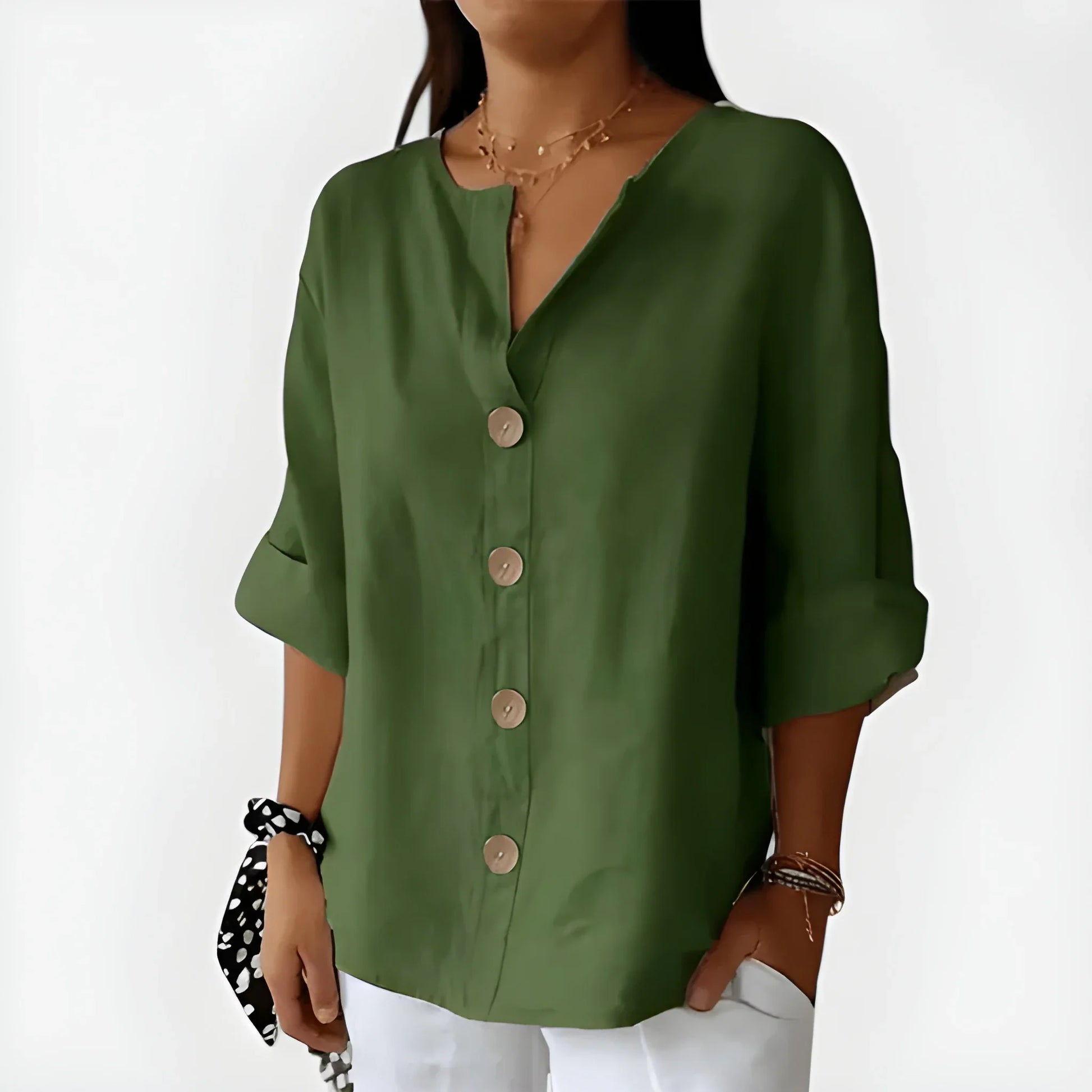 Women's V-Neck Button-Down Blouse – Loose Fit 3/4 Sleeve Summer Top