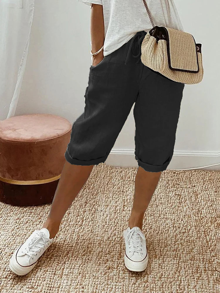Women's Cotton Linen Capri Pants – Relaxed Fit Cropped Trousers with Drawstring Waist
