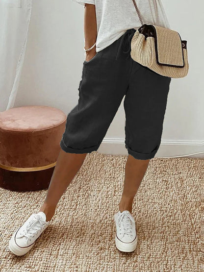 Women's Cotton Linen Capri Pants – Relaxed Fit Cropped Trousers with Drawstring Waist
