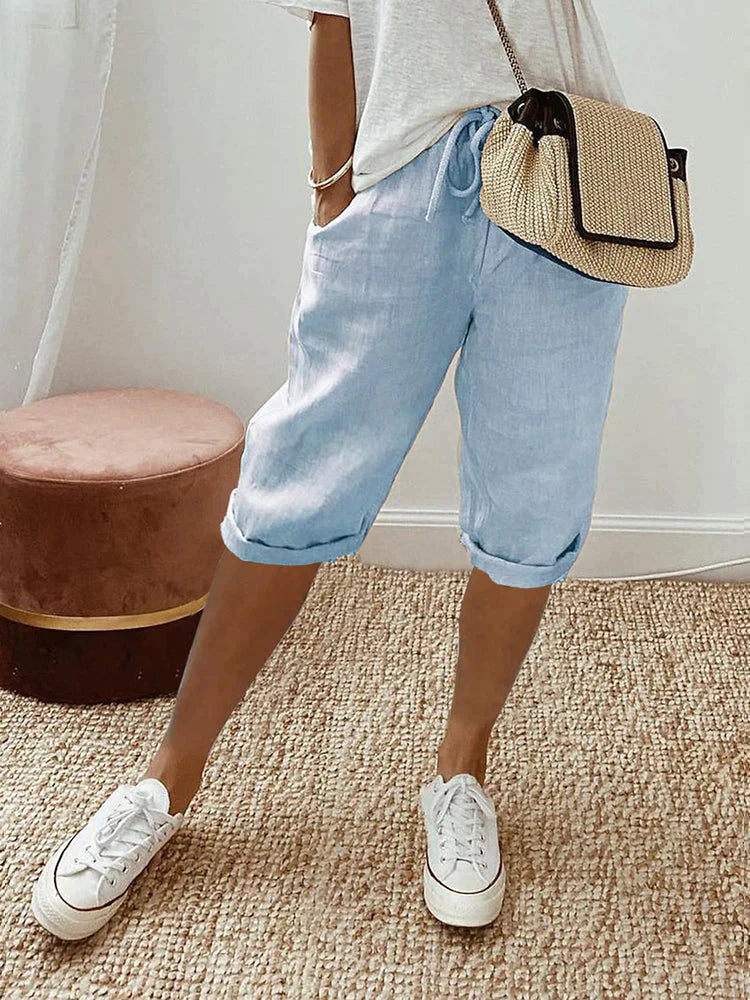 Women's Cotton Linen Capri Pants – Relaxed Fit Cropped Trousers with Drawstring Waist