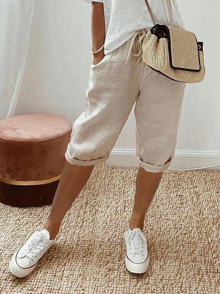 Women's Cotton Linen Capri Pants – Relaxed Fit Cropped Trousers with Drawstring Waist