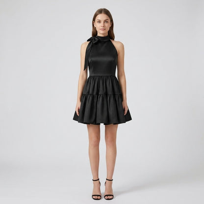Satin Halter Mini Dress – Tiered Skirt Bow Back A-Line