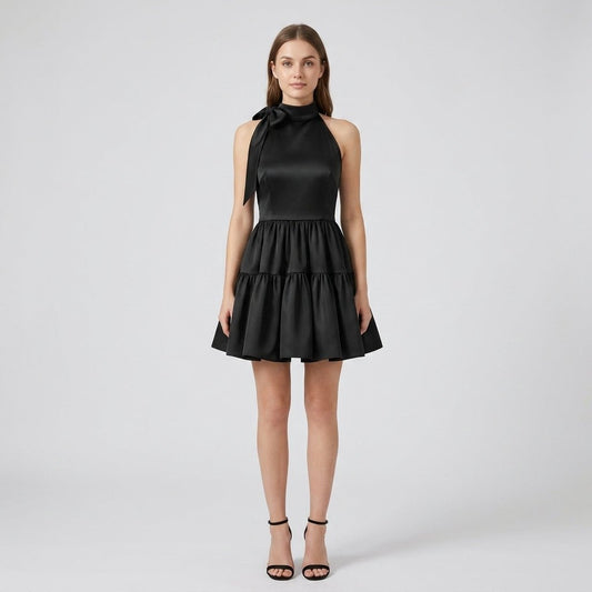 Satin Halter Mini Dress – Tiered Skirt Bow Back A-Line