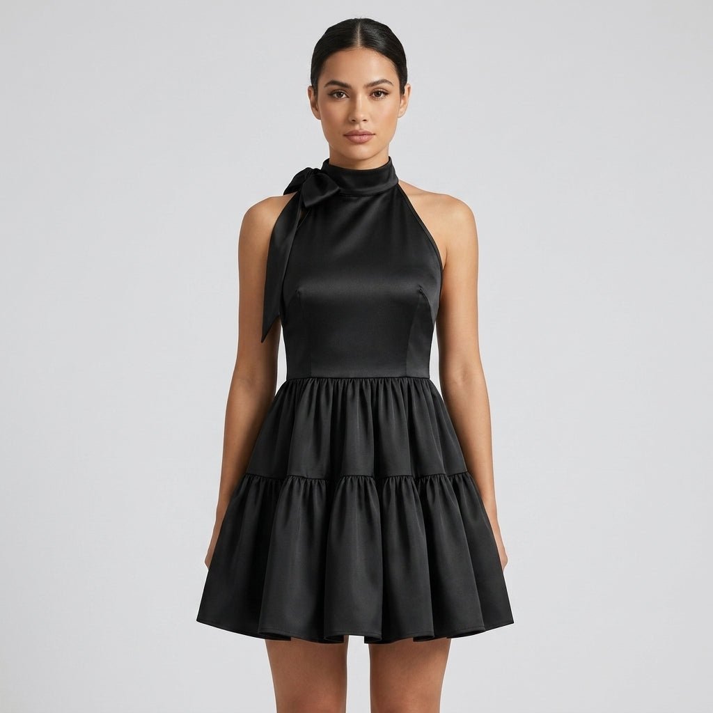 Satin Halter Mini Dress – Tiered Skirt Bow Back A-Line