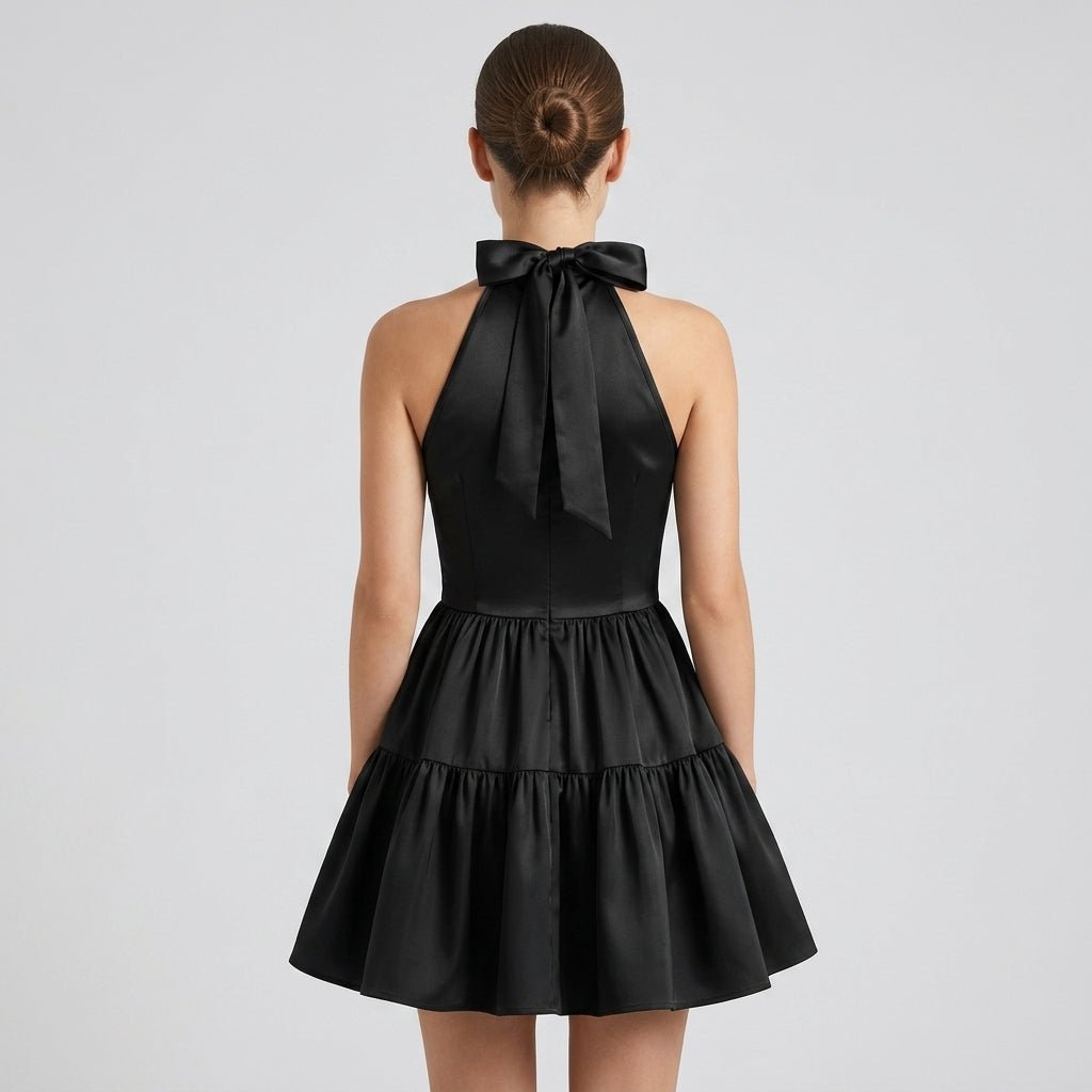 Satin Halter Mini Dress – Tiered Skirt Bow Back A-Line