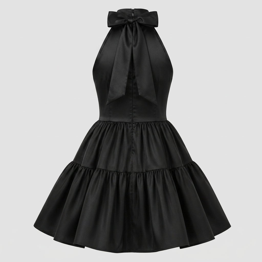 Satin Halter Mini Dress – Tiered Skirt Bow Back A-Line