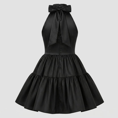 Satin Halter Mini Dress – Tiered Skirt Bow Back A-Line