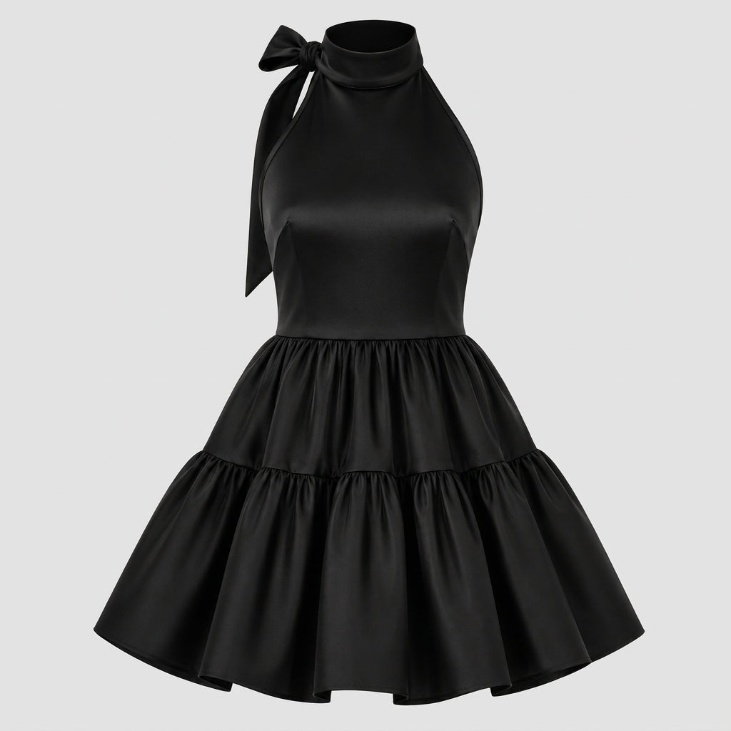 Satin Halter Mini Dress – Tiered Skirt Bow Back A-Line