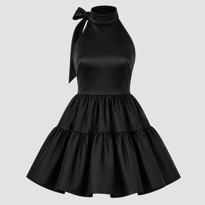 Satin Halter Mini Dress – Tiered Skirt Bow Back A-Line