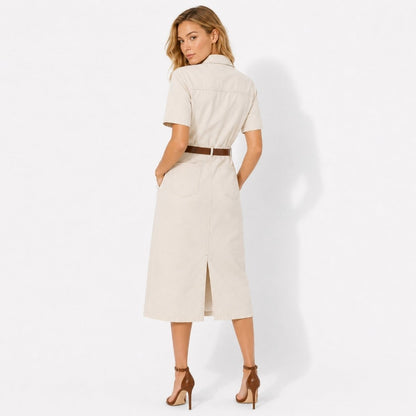 Belted Midi Shirt Dress – Button-Front Utility Short Sleeve