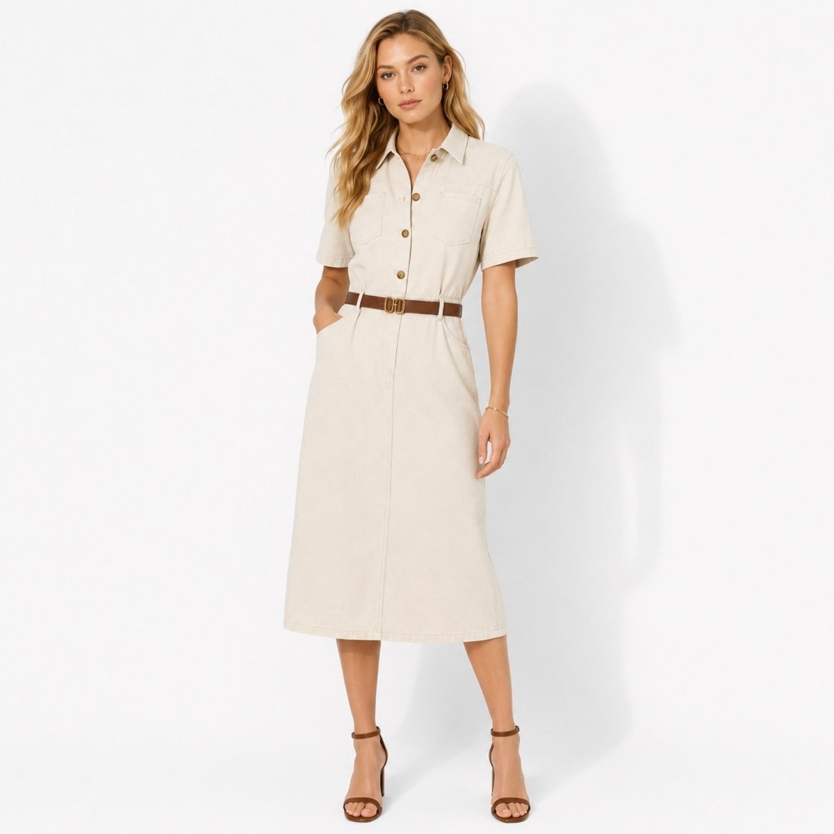Belted Midi Shirt Dress – Button-Front Utility Short Sleeve