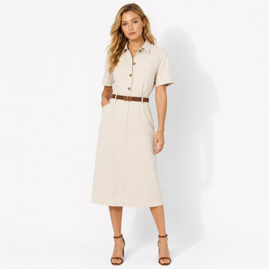 Belted Midi Shirt Dress – Button-Front Utility Short Sleeve