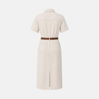 Belted Midi Shirt Dress – Button-Front Utility Short Sleeve