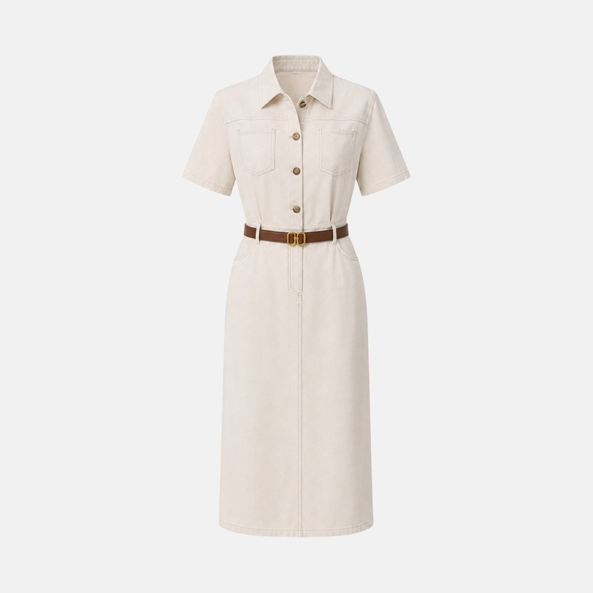 Belted Midi Shirt Dress – Button-Front Utility Short Sleeve