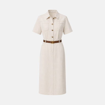 Belted Midi Shirt Dress – Button-Front Utility Short Sleeve