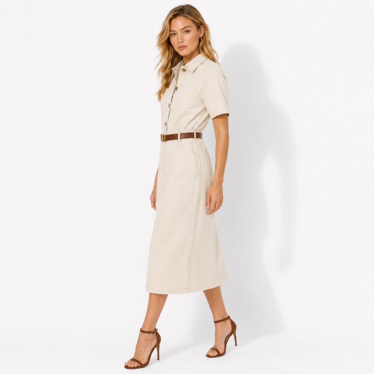 Belted Midi Shirt Dress – Button-Front Utility Short Sleeve