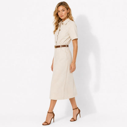 Belted Midi Shirt Dress – Button-Front Utility Short Sleeve