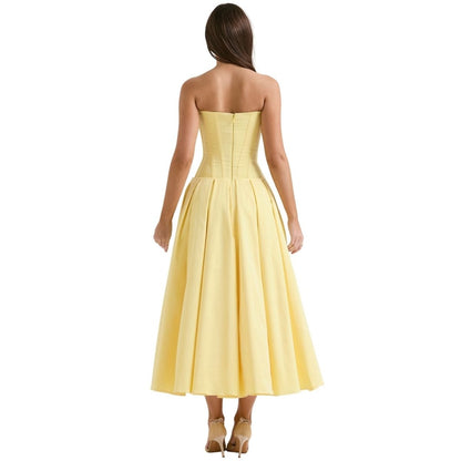 Women's Strapless Corset Midi Dress – Sweetheart Neckline A-Line Party Dress
