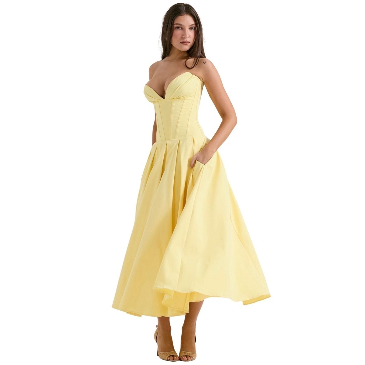 Women's Strapless Corset Midi Dress – Sweetheart Neckline A-Line Party Dress