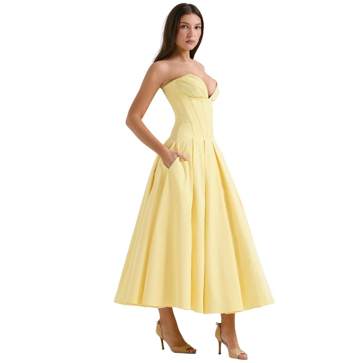 Women's Strapless Corset Midi Dress – Sweetheart Neckline A-Line Party Dress