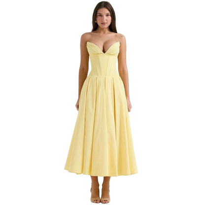Women's Strapless Corset Midi Dress – Sweetheart Neckline A-Line Party Dress