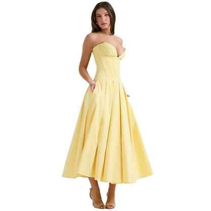 Women's Strapless Corset Midi Dress – Sweetheart Neckline A-Line Party Dress