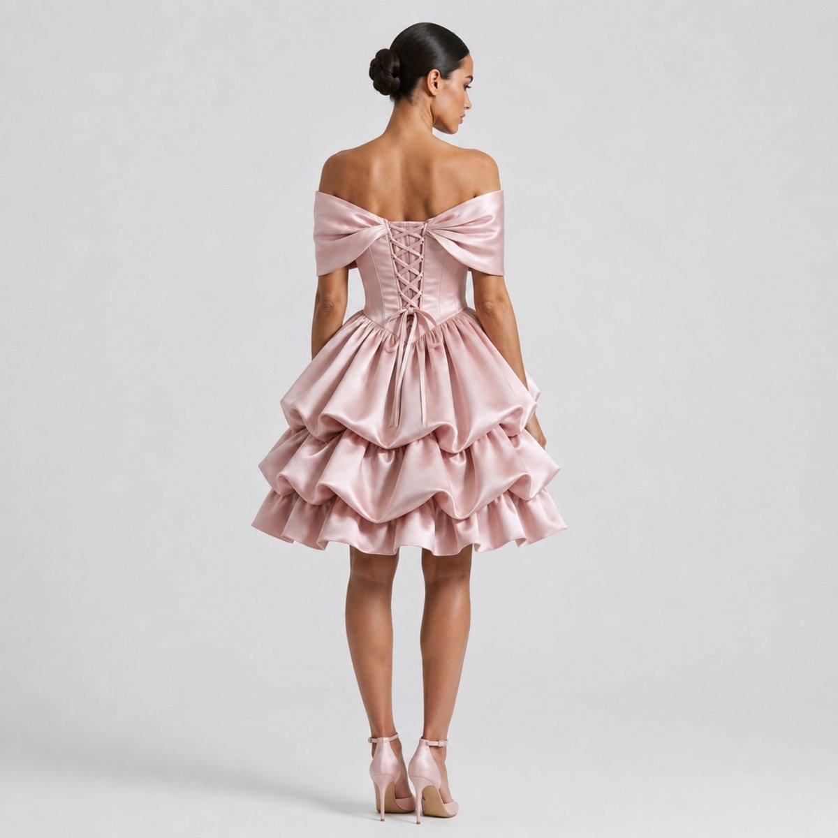 Satin Off-Shoulder Corset Mini Dress – Tiered Bubble Skirt Blush Pink