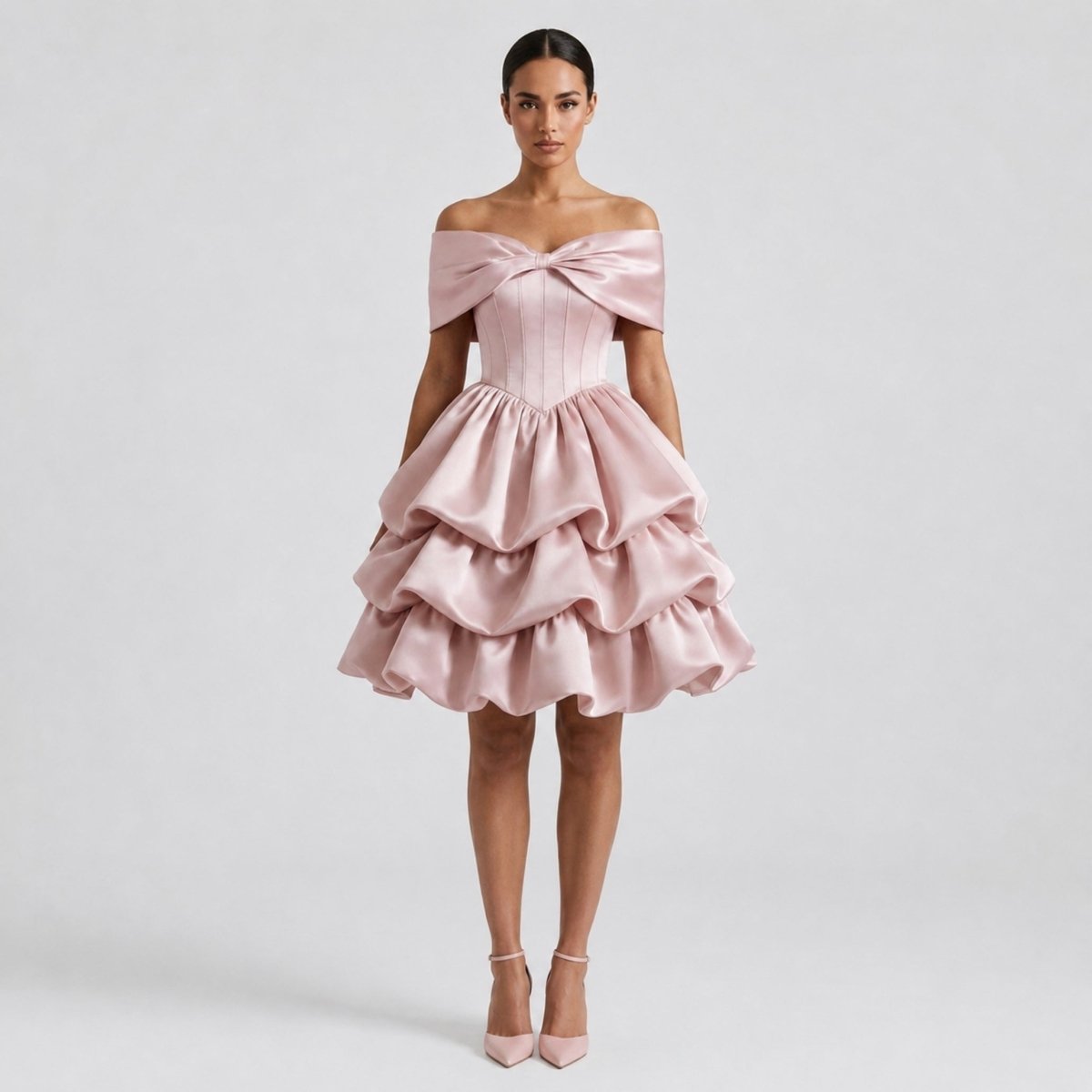 Satin Off-Shoulder Corset Mini Dress – Tiered Bubble Skirt Blush Pink