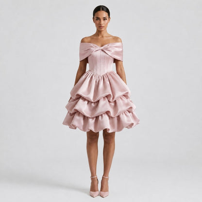 Satin Off-Shoulder Corset Mini Dress – Tiered Bubble Skirt Blush Pink