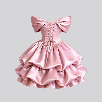 Satin Off-Shoulder Corset Mini Dress – Tiered Bubble Skirt Blush Pink