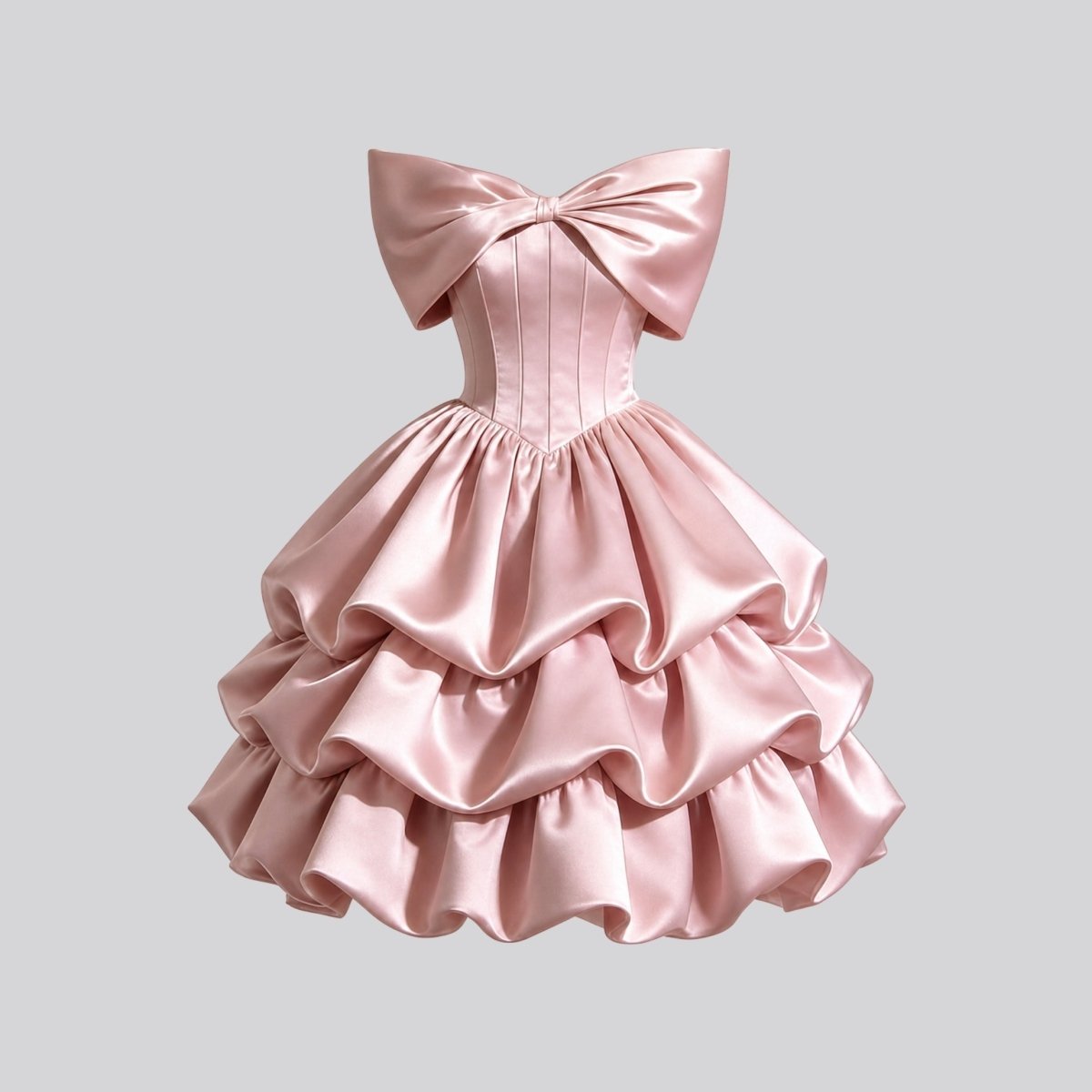 Satin Off-Shoulder Corset Mini Dress – Tiered Bubble Skirt Blush Pink
