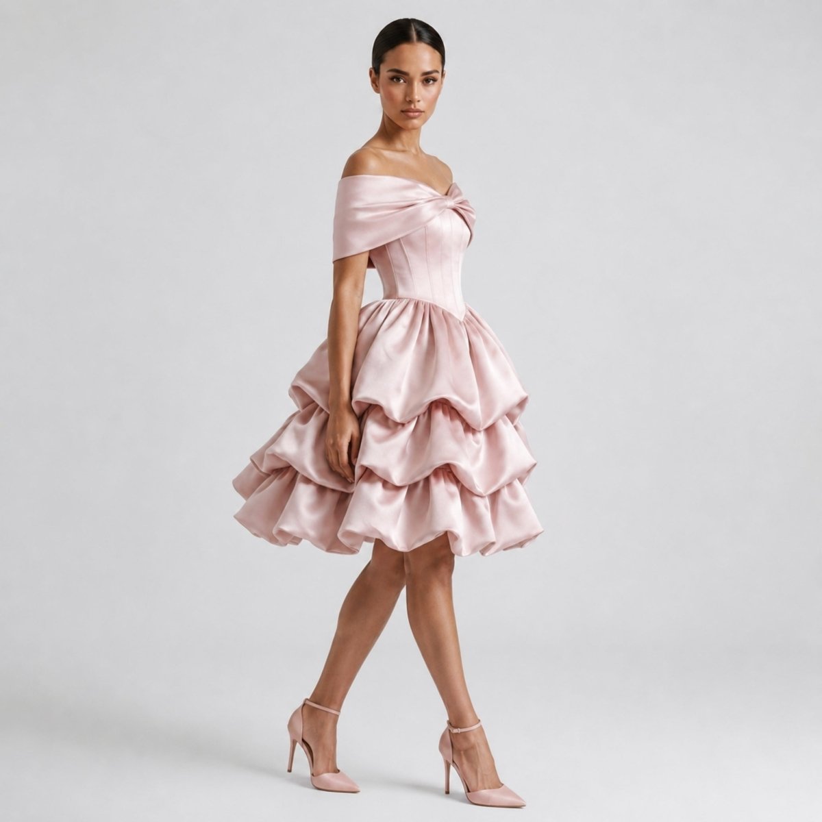 Satin Off-Shoulder Corset Mini Dress – Tiered Bubble Skirt Blush Pink