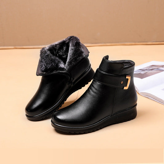 Fur-Lined Leather Ankle Boots – Women's Wedge Buckle Winter Boots