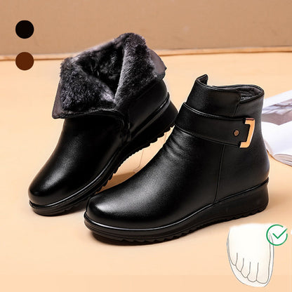 Fur-Lined Leather Ankle Boots – Women's Wedge Buckle Winter Boots