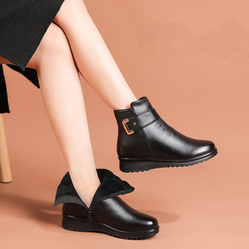 Fur-Lined Leather Ankle Boots – Women's Wedge Buckle Winter Boots