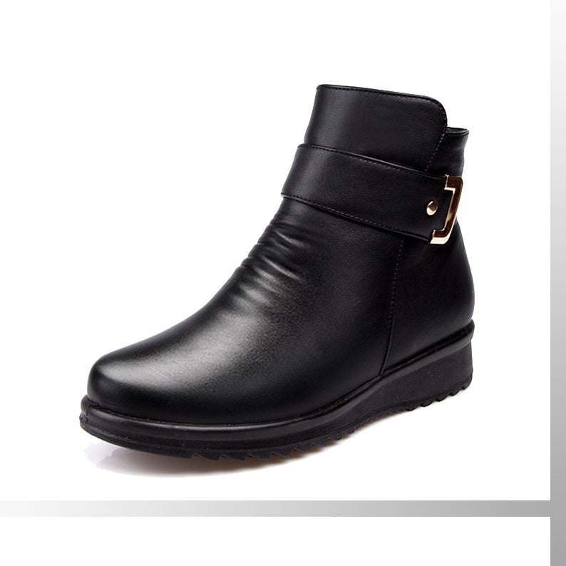 Fur-Lined Leather Ankle Boots – Women's Wedge Buckle Winter Boots