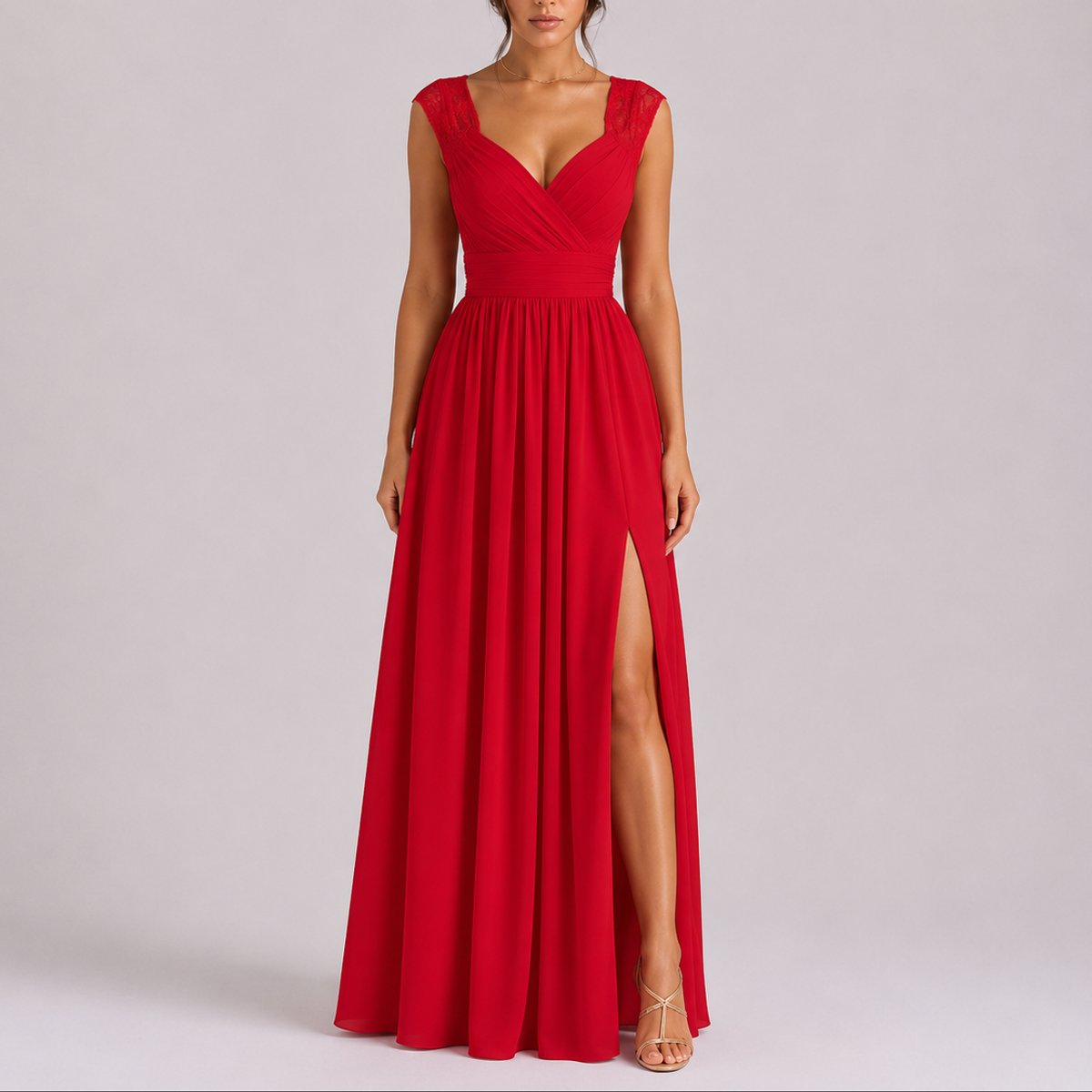 Chiffon Wrap Maxi Dress – Lace Cap Sleeve Wedding Guest Dress