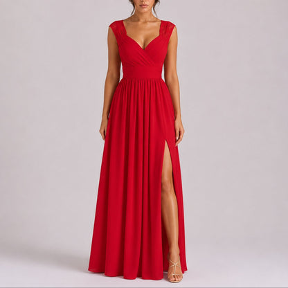 Chiffon Wrap Maxi Dress – Lace Cap Sleeve Wedding Guest Dress
