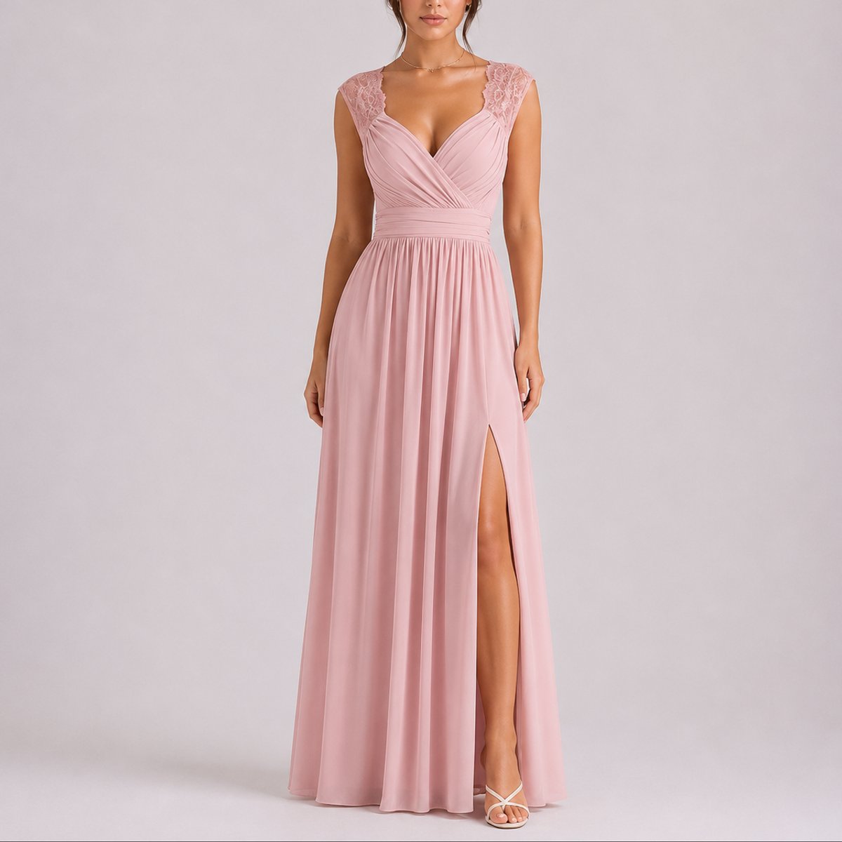 Chiffon Wrap Maxi Dress – Lace Cap Sleeve Wedding Guest Dress