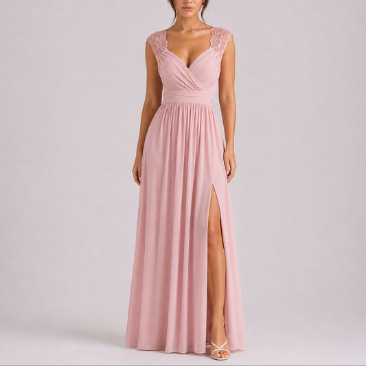 Chiffon Wrap Maxi Dress – Lace Cap Sleeve Wedding Guest Dress