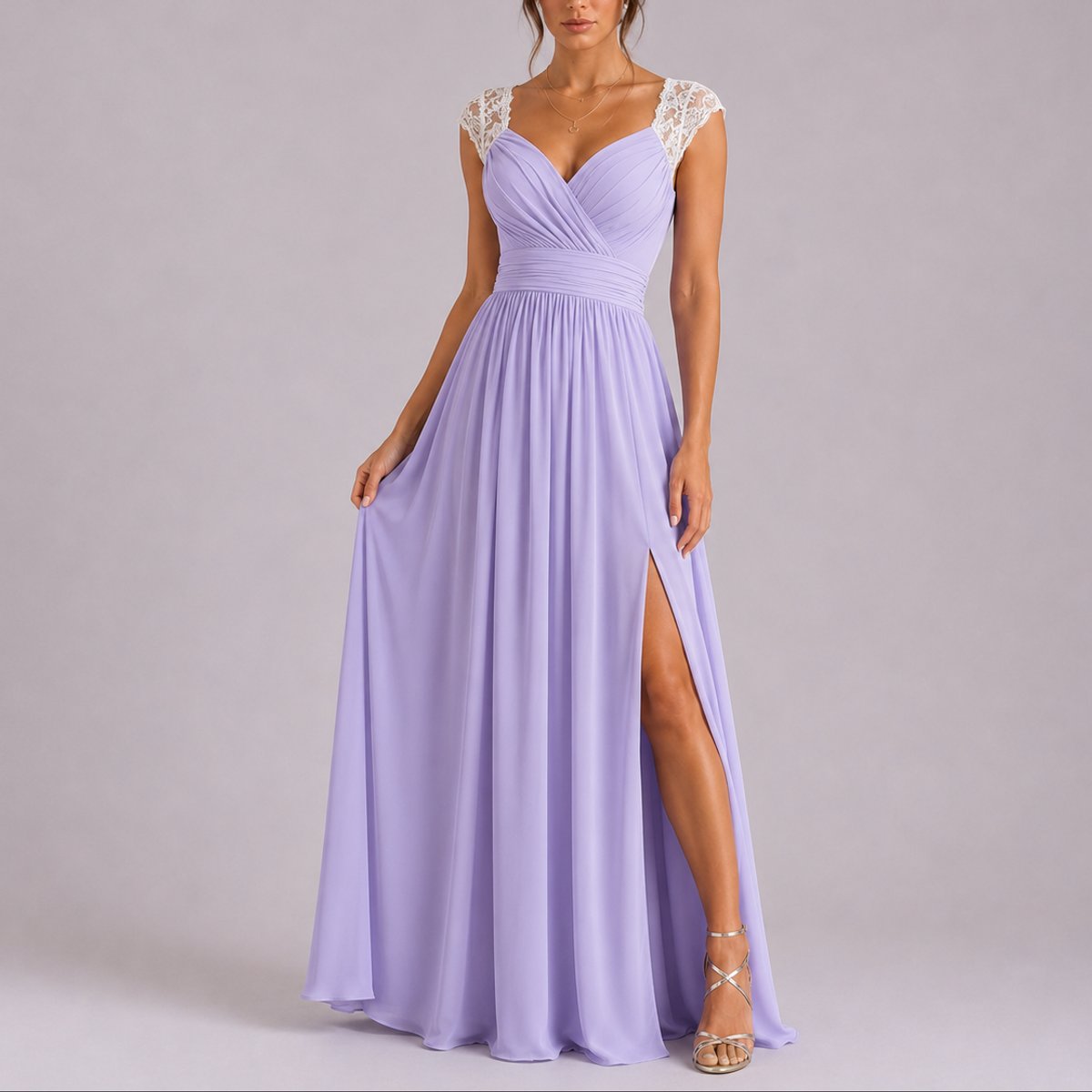 Chiffon Wrap Maxi Dress – Lace Cap Sleeve Wedding Guest Dress
