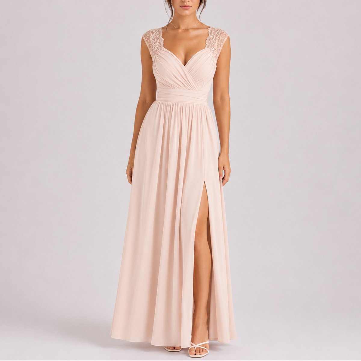 Chiffon Wrap Maxi Dress – Lace Cap Sleeve Wedding Guest Dress